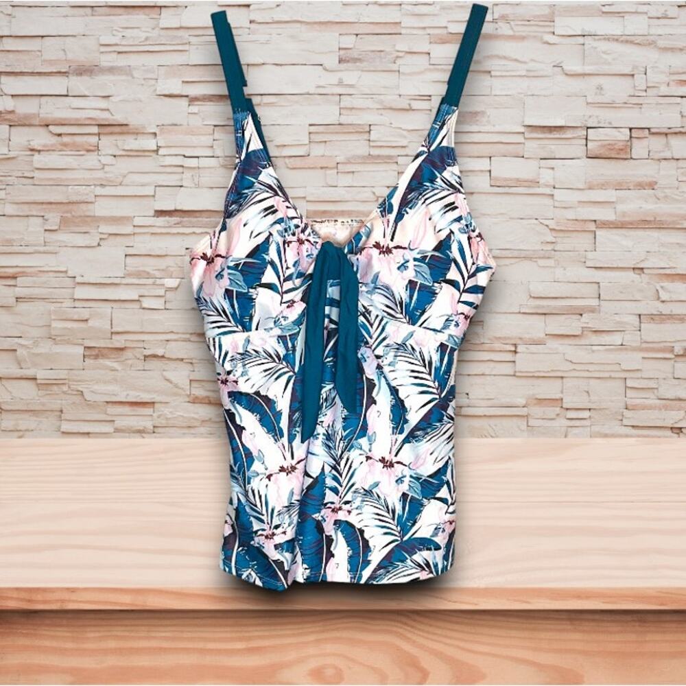 AvidLove Front Tie Floral Print Tankini Top Blue Pink Medium EUC